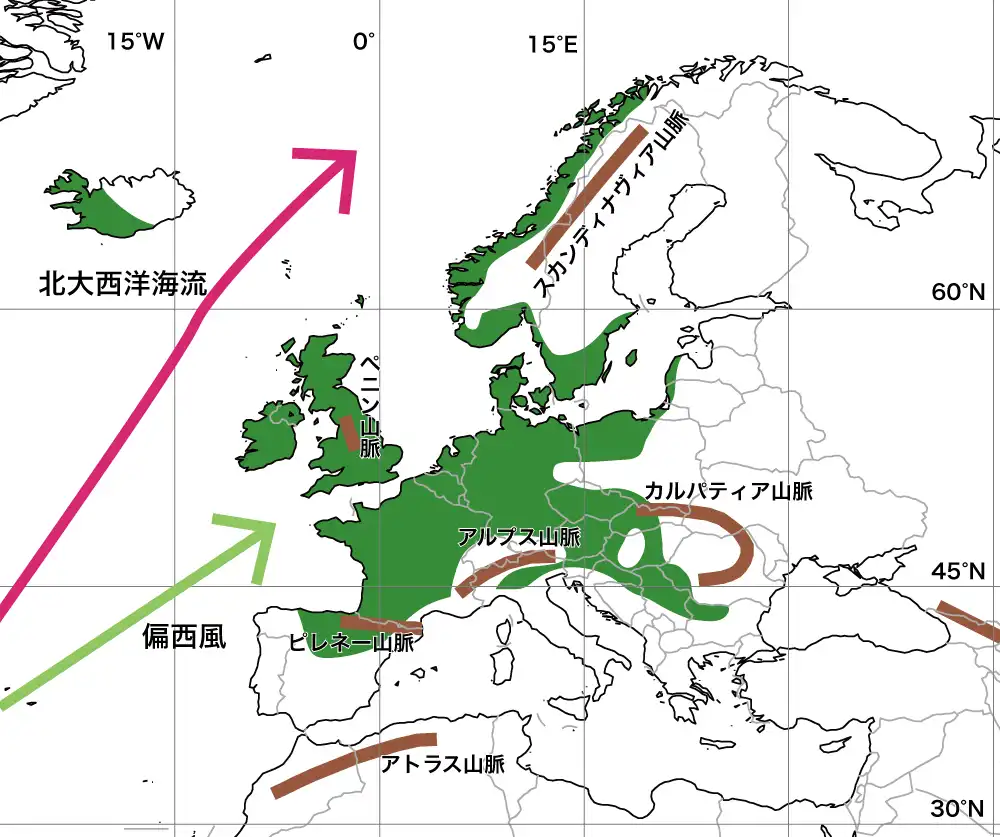 ヨーロッパのCfbの分布