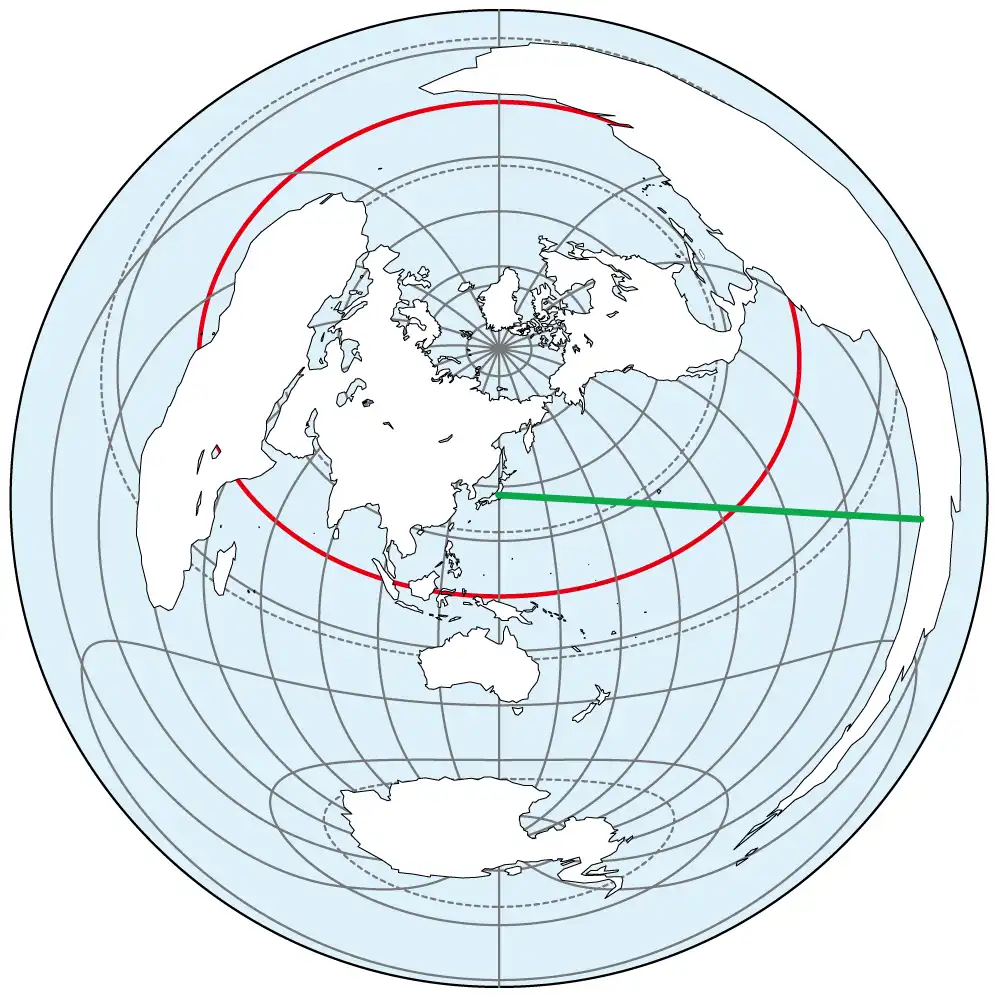 正距方位図法上の大圏航路（中心：東京）
