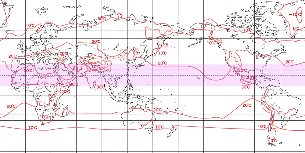 ７月の等温線（一部色塗り）
