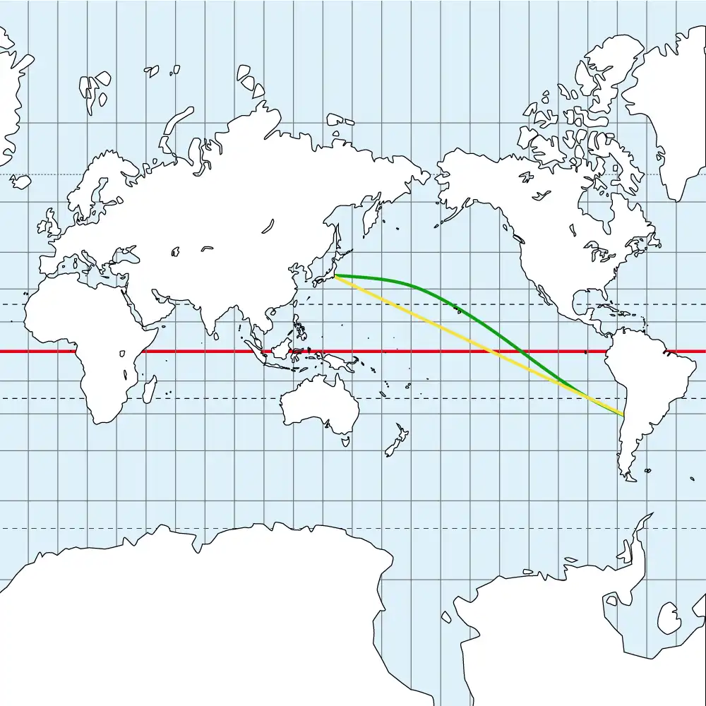 メルカトル図法上の等角航路、大圏航路