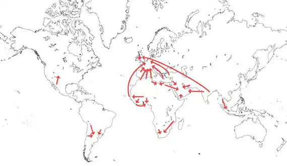国際的な人口移動（1970年頃）