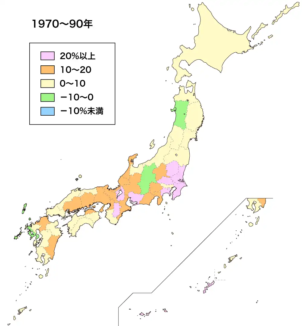 1970～1990年の人口増減率