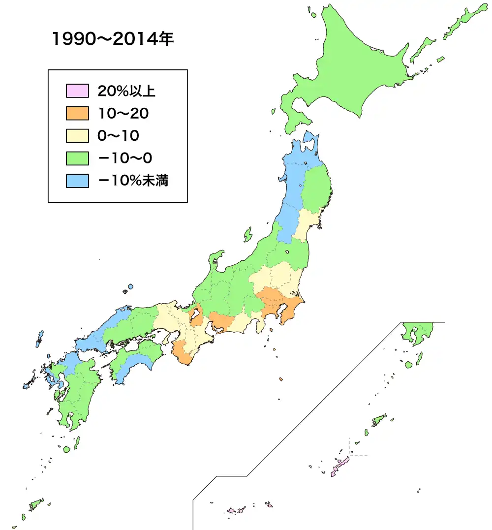 1990～2014年の人口増減率